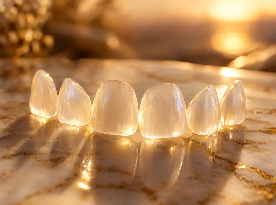 Seis lentes de contato dental ultrafinas contra a luz